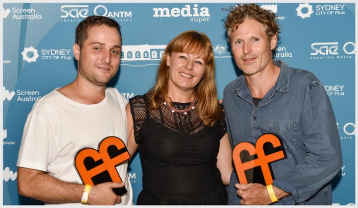 Flickerfest-2015-awards-night-Eddy-Bell(wir-dir-GreyBull),-Bronwyn-Kidd(Flickerfest-director)-&-Sean-Kruck(wri-dir-Snowblind)